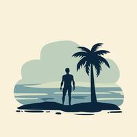 Silhouette of a man standing on an island with palm trees vector