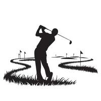 Silhouette of a man playing golf on a course vector