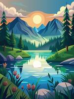 Background-Beautiful landscape with mountains, lake and forest for use story book. vector