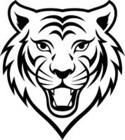 a black and white drawing of a tiger head with the mouth open. vector