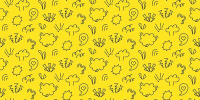 Yellow and black background with elements of 80-90s comics. Seamless pattern with speech bubbles, lightning, accent lines, exclamation marks. For fabric, wallpaper, wrapping paper. vector