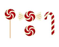 A set of red and white peppermint candies in various forms, including a lollipop, hard candy, and candy cane. Perfect for holiday themed designs and confectionery packaging. vector
