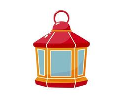 Red and yellow Christmas decorative lantern. Insulated lamp with a loop for hanging and glass for a candle. For winter themed project, holiday decoration, invitation, or greeting card. vector