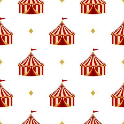 A seamless pattern of red and yellow circus tents with small star accents. For carnival themed project. Perfect for background, wallpaper and party decoration.