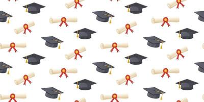 Graduation pattern of caps and diploma with red ribbon. Seamless pattern for graduation ceremony of academic caps and certificate. For graduation wallpapers, invitations and banners. vector