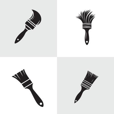 Four different brushes and paintbrushes on a white background