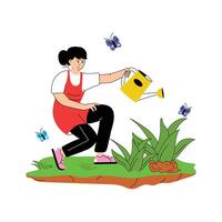 A gardener watering plants with a watering can vector