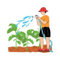 A farmer using a hose to water crops in the field vector