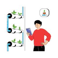 A farmer using a smartphone to monitor vertical farming vector