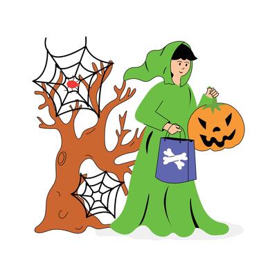 A person dressed in green with a pumpkin bag and spooky tree