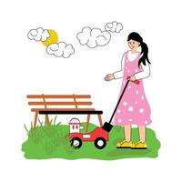 A worker mowing the lawn with a grass cutter vector