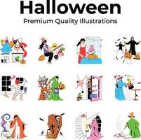 A captivating set of Halloween themed illustrations showcasing playful and spooky vector