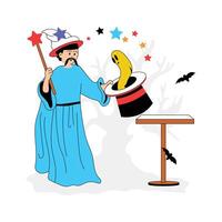 A magician performs a Halloween trick with a wand and hat vector