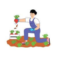 A farmer collecting fresh vegetables from the field. vector