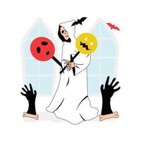A person dressed as a ghost with spooky hands emerging from the ground vector