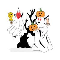 Ghostly figures and pumpkins gather around a spooky, twisted tree. vector