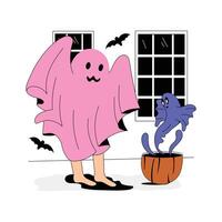 A person in a ghost costume walks through a haunted house at night vector