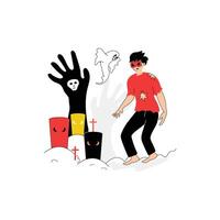 A spooky graveyard scene with ghosts, tombstones, and eerie hands rising vector