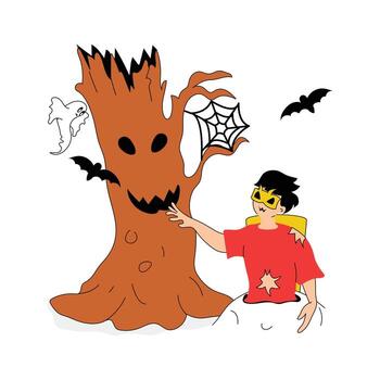 A haunted tree with a face stands beside a child dressed as a zombie vector