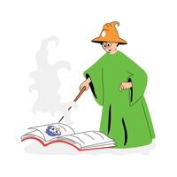 A wizard reads from a magical book surrounded by mist and spells. vector