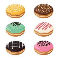 Set of various glazed doughnut in mango, chocolate nut, mint choco, vanilla with strawberry sauce, cookies n cream, and strawberry choco topping vector