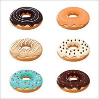 Set of various glazed doughnut in cookies n cream, orange, tiramisu, vanilla choco, bubble gum, and chocolate with sprinkles topping vector