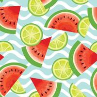 Fruits summer seamless pattern with sea waves. Fresh watermelon, lime, pieces. Colorful background with fruits. vector