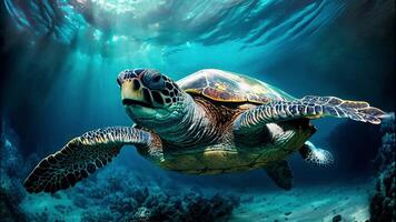 Underwater wild turtle swimming in the ocean against the background of a flock of fish video