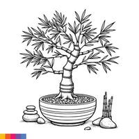 A bonsai tree in a pot with rocks and bamboo vector