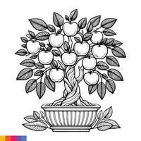 A coloring page with an apple tree in a pot vector