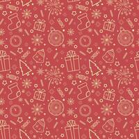 Seamless pattern of beige Christmas symbols on a red background. Christmas tree, stars, fireworks, Christmas tree toy, candy, sock, clock vector