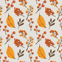 Autumn berries, twigs, branches with leaves seamless pattern. Fall wild forest berries and foliage repeat background. Thanksgiving festive print. vector