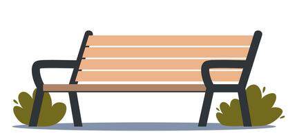 City park bench with bushes. Wooden elements, front view of summer recreation furniture. Empty modern seat. illustration. vector