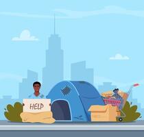 Homeless black man holding banner Help. Trolley cart with belongings and camp near. Bum in ragged clothes sitting on ground begging money. Unemployed character asking support, begging. . vector