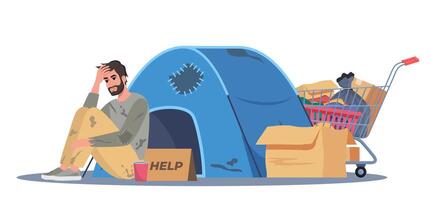 Homeless man holding banner Help. Trolley cart with belongings and camp near. Bum in ragged clothes sitting on ground begging money. Unemployed character asking support, begging. . vector