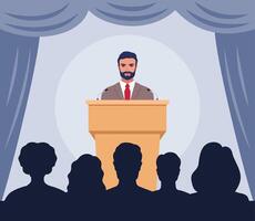 Confident man behind podium during stage speech. Speaker talking in front of the audience. Public speaking. Spokesman before crowd of people. illustration. vector