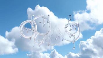 large white rings with musical notes floating across the sky with clouds, surrealistic plot. concept of music and boundless imagination in creativity video