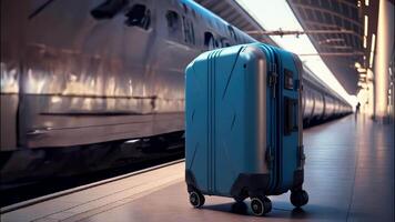 A blue suitcase stands on the platform against the background of a high-speed train arriving at the station. video