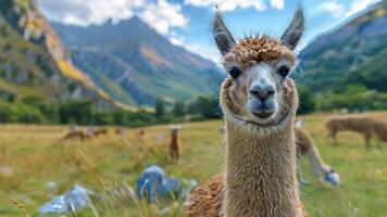 Llama stands and looks at the camera against the background of grazing herd and mountains. The lama looks directly into the lens. video