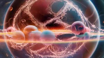Bright, multi-colored spheres move and interact dynamically within a large sphere. in pastel colors on a dark background. Pure and bright colors. video