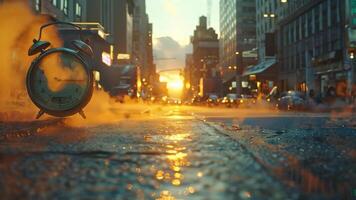 an alarm clock stands on a cobblestone street in the creeping fog. against the backdrop of a dawn city. surrealistic plot video