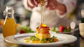 Close up of hands of a chef adding honey on top of a gourmet dish on a plate. video