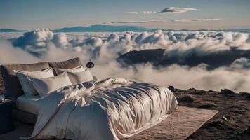 large Bed with silk light bedspread and pillows, on top of a mountain, among clouds with mountains in the background. concept of comfortable exotic vacation or bedding advertising video