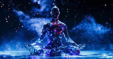 homme fabriqué de espace dans lotus position, contre le Contexte de étoiles et en volant des nuages. concept de physique et mental santé et soins auto-administrés video