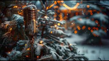 retro microphone on the background of a Christmas tree with illumination in a snowy yard near the house. High quality 4k footage video