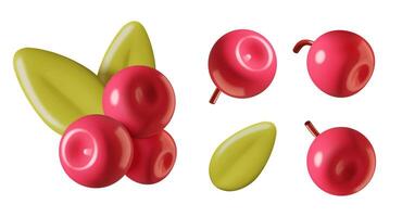 Cranberry 3d elements collection. Cartoon three dimensional red berries and leaves collection isolated on white background. vector