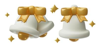 White bells with a gold bows and sparkles 3d realistic Christmas elements set. Cute festive jingle bells three dimensional icons. vector