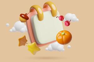 Autumn calendar 3d background with empty page fall leaves, pumpkin, acorn and berries in a cute plastic style. vector