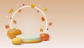 Autumn 3d realistic podium background render with neon ring sparkles red leaves and pumpkins vector