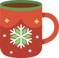 A red mug with a green snowflake design is filled with hot chocolate and ready for a cozy winter evening vector
